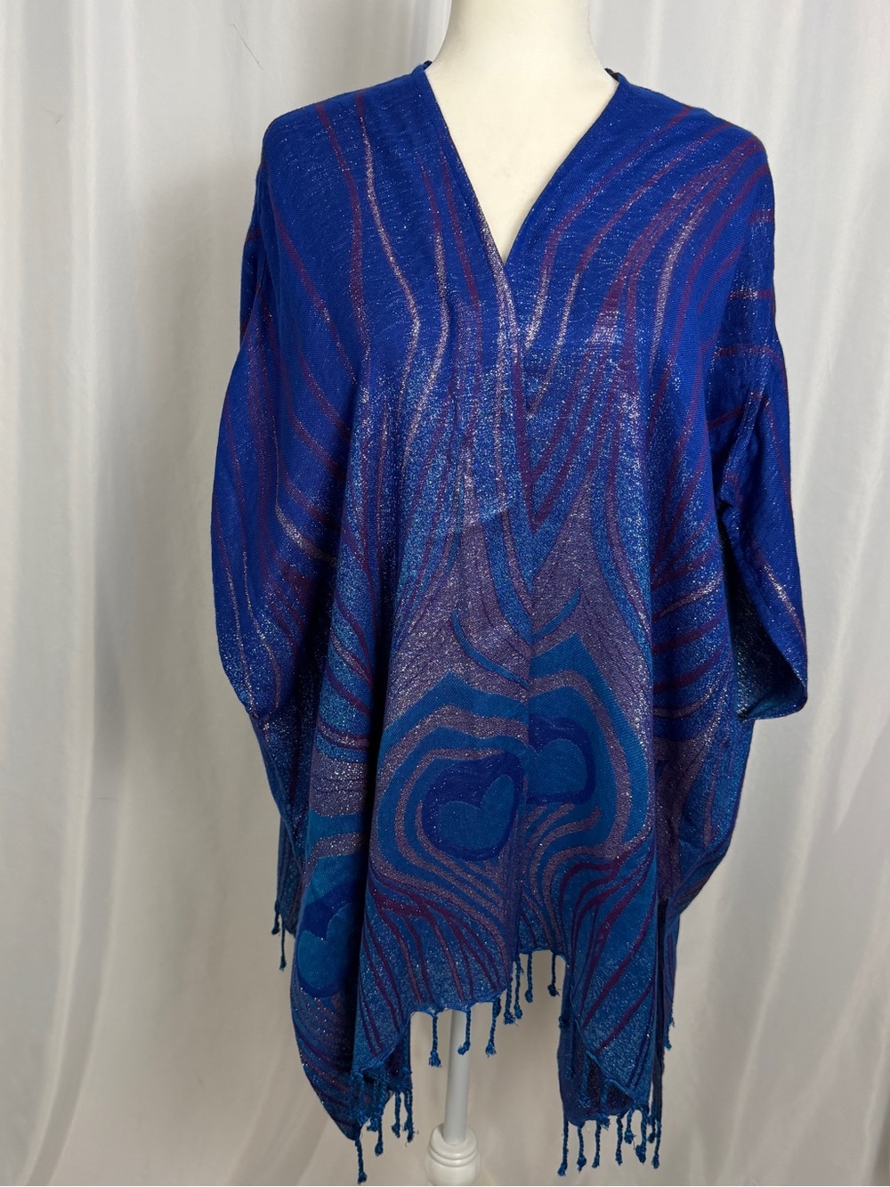 NWT Colleen Lopez Reversible Ruana Topper Poncho Peacock Blue Fringe Sz M/L